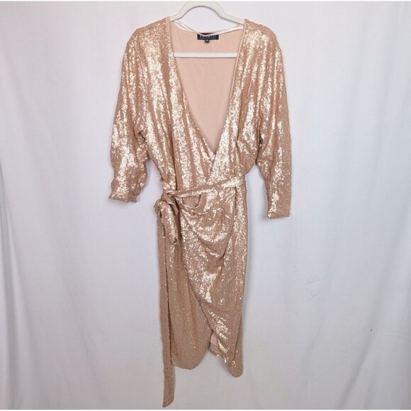 Eloquii Rose Gold Sequin Wrap Midi 3/4 Sleeves Party Event Dress Plus Size 20 2X - Picture 1 of 10
